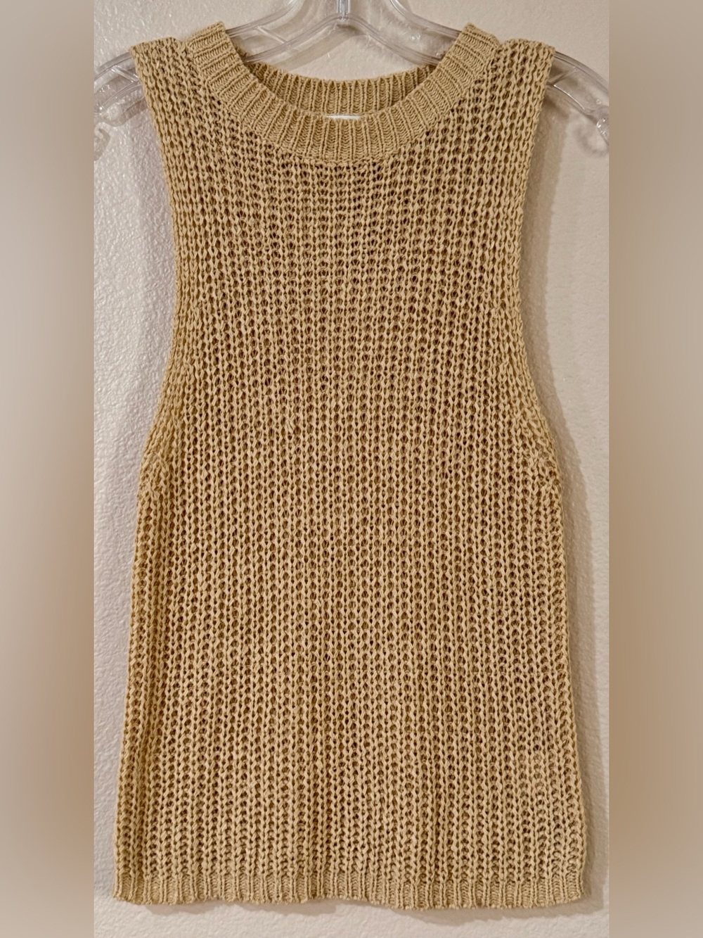 Dee Elly Open Knit Sleeveless Sweater Vest Tank Top Beige Tan Neutral Large